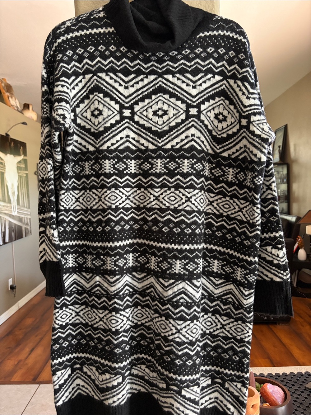 LOFT Black and White Geometric Cowl Neck Sweater Dress